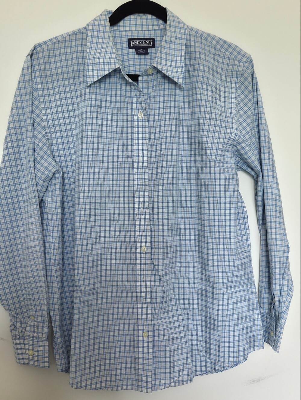 Lands' End Women's Blue and White Checked Button-down
